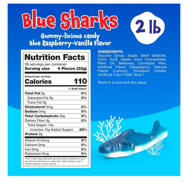 Gummy Sharks - 2 Pound Pack - Blue Shark Gummies - Blue Candy for Goodie Bags, Gifting, Snacking & Dessert Decorating - Chewy Candy with Raspberry Flavor