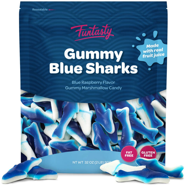 Blue Sharks Gummy Candy - 2 Pound Bulk Pack - Blue Raspberry Marshmallow Flavor