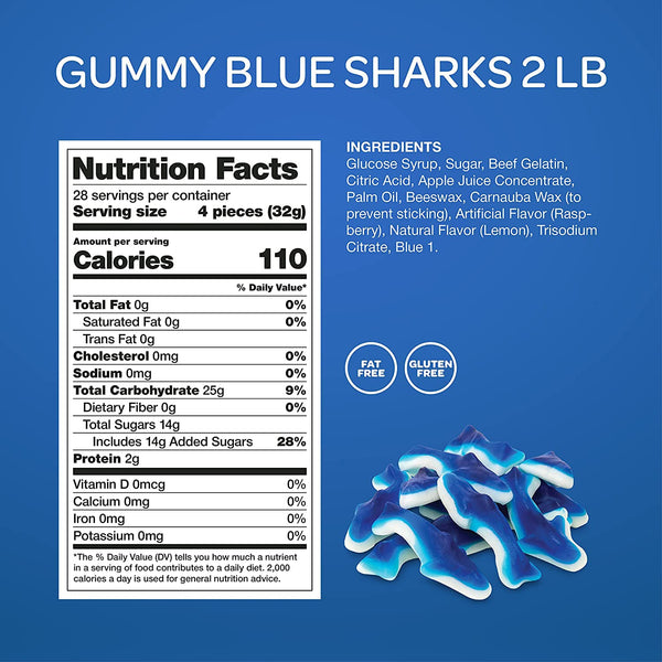 Blue Sharks Gummy Candy - 2 Pound Bulk Pack - Blue Raspberry Marshmallow Flavor