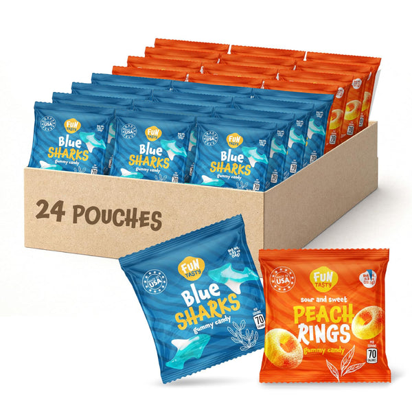 24 Individually Wrapped Gummy Candy Variety Pack | Blue Shark Gummies  & Peach Rings | Sweet and Sour Candy for Goodie Bags, Party Favors, Classroom Treats